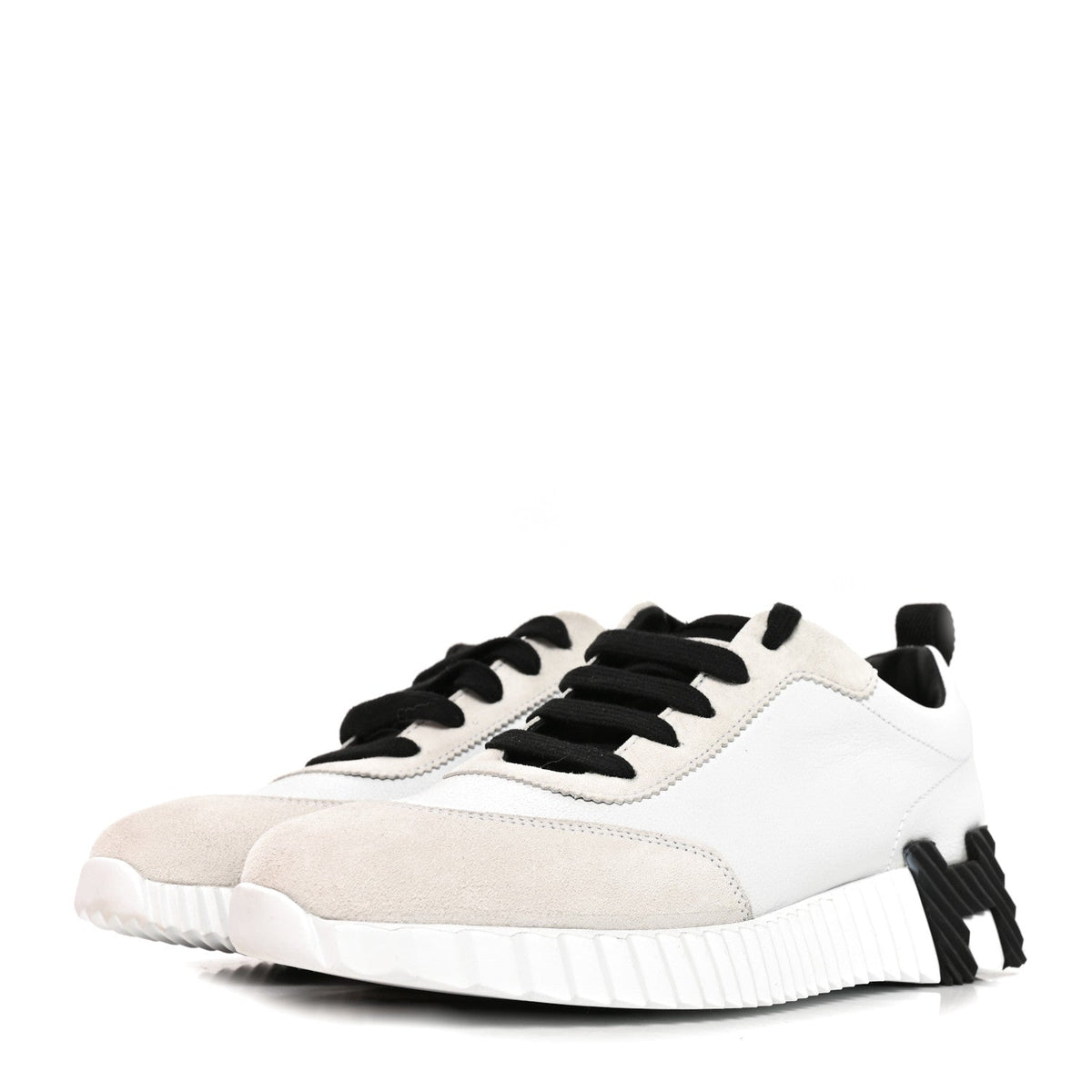 Hermes Calfskin Suede Goatskin Women's Bouncing Sneakers 37.5 White Black