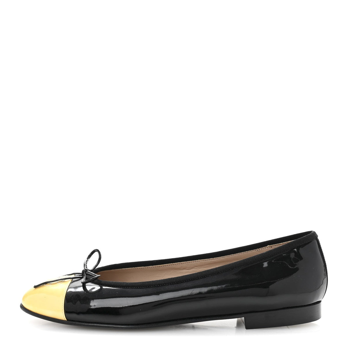 Chanel Patent Leather Women's CC Cap Toe Ballerina Flats 40 Black Beige