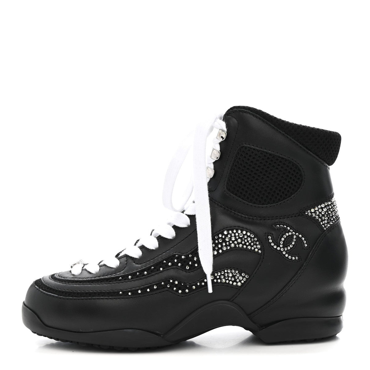 Calfskin Mesh Strass CC Sneakers Black Silver