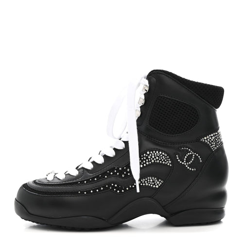 Calfskin Mesh Strass CC Sneakers Black Silver