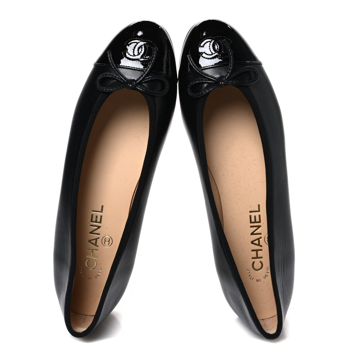 Chanel Lambskin Patent Cap Toe Women's Ballerina Flats Black