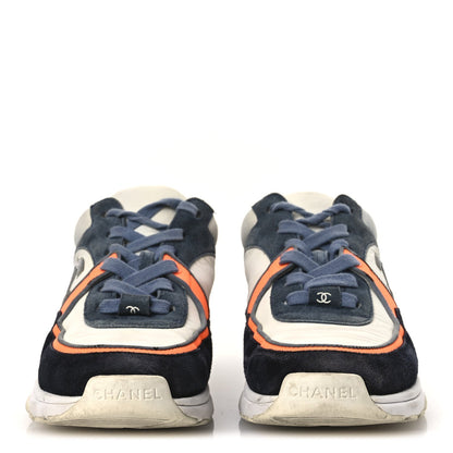 Chanel Nylon Calfskin Suede Women's CC Sneakers 35.5 Navy White Orange Black