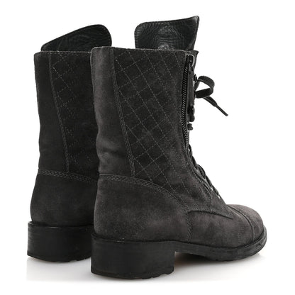 Chanel Suede Women's Quilted CC Tall Lace Up Combat Boots 38 Grey