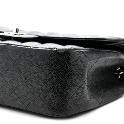 Quilted Caviar Flap Shoulder Bag - Black