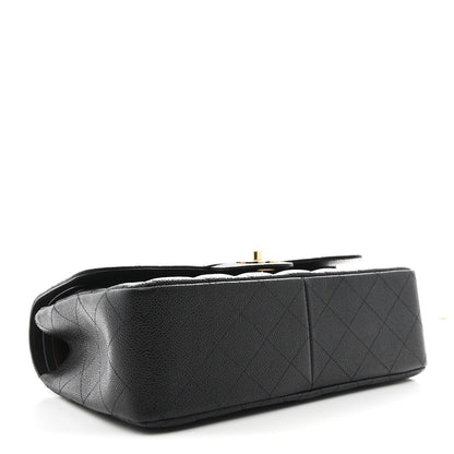 Quilted Caviar Flap Shoulder Bag - Black