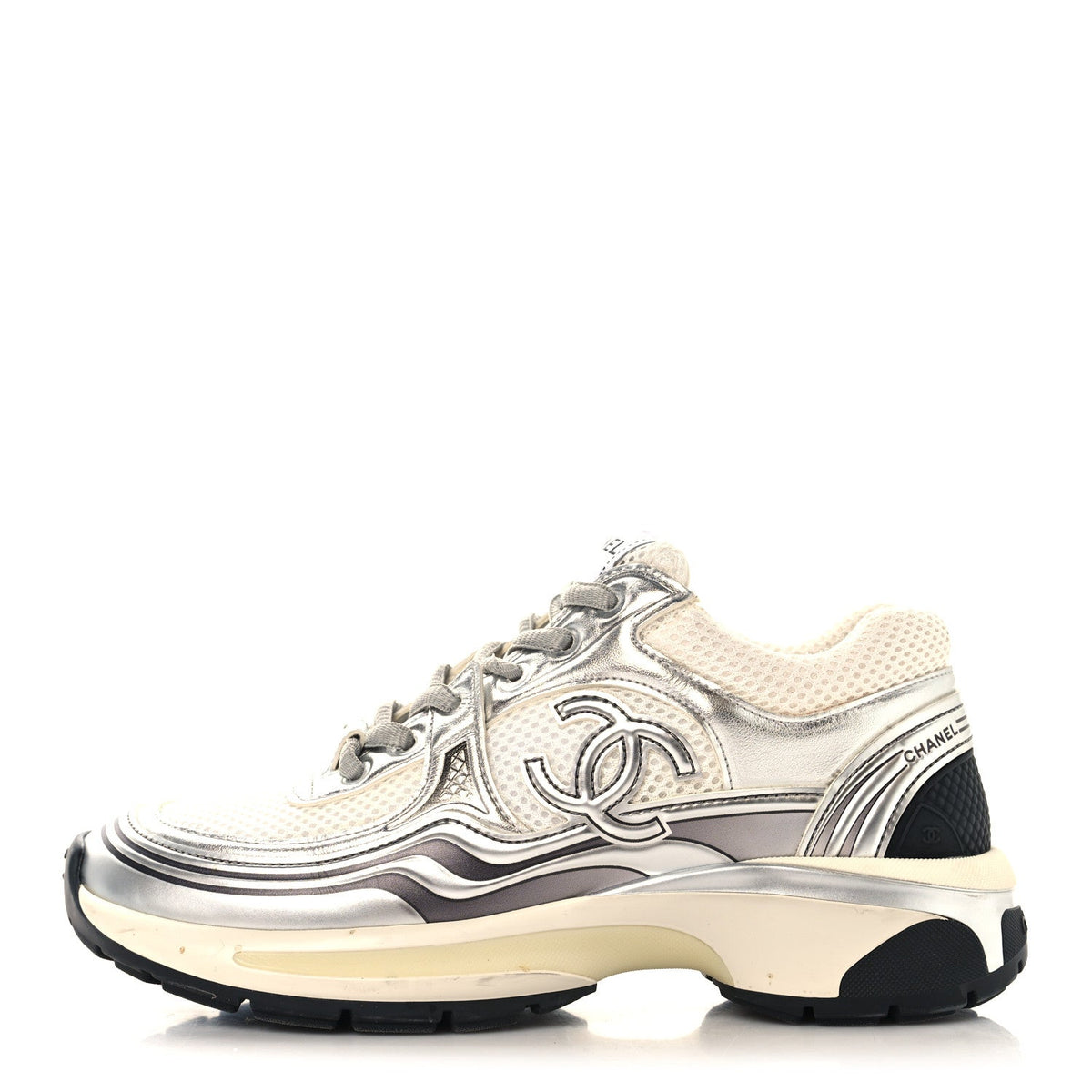 Fabric Laminated Calfskin Stretch CC Sneakers White Silver