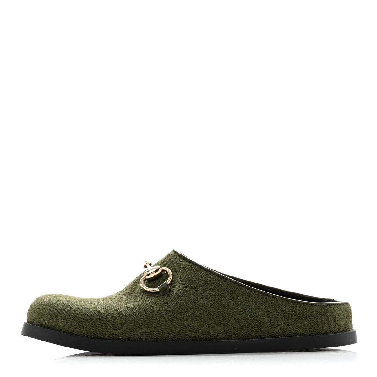 New Canvas Monogram GG Granada Kid Horsebit Mules Green
