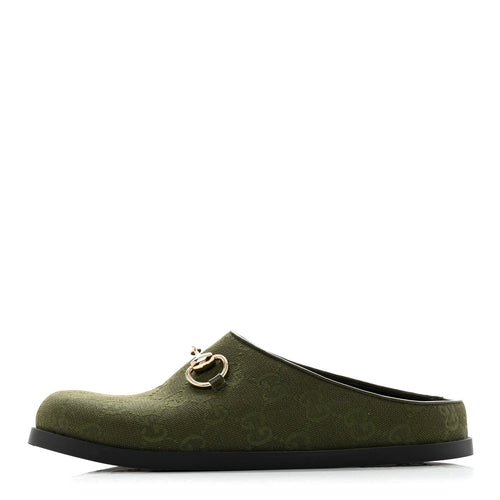 New Canvas Monogram GG Granada Kid Horsebit Mules Green