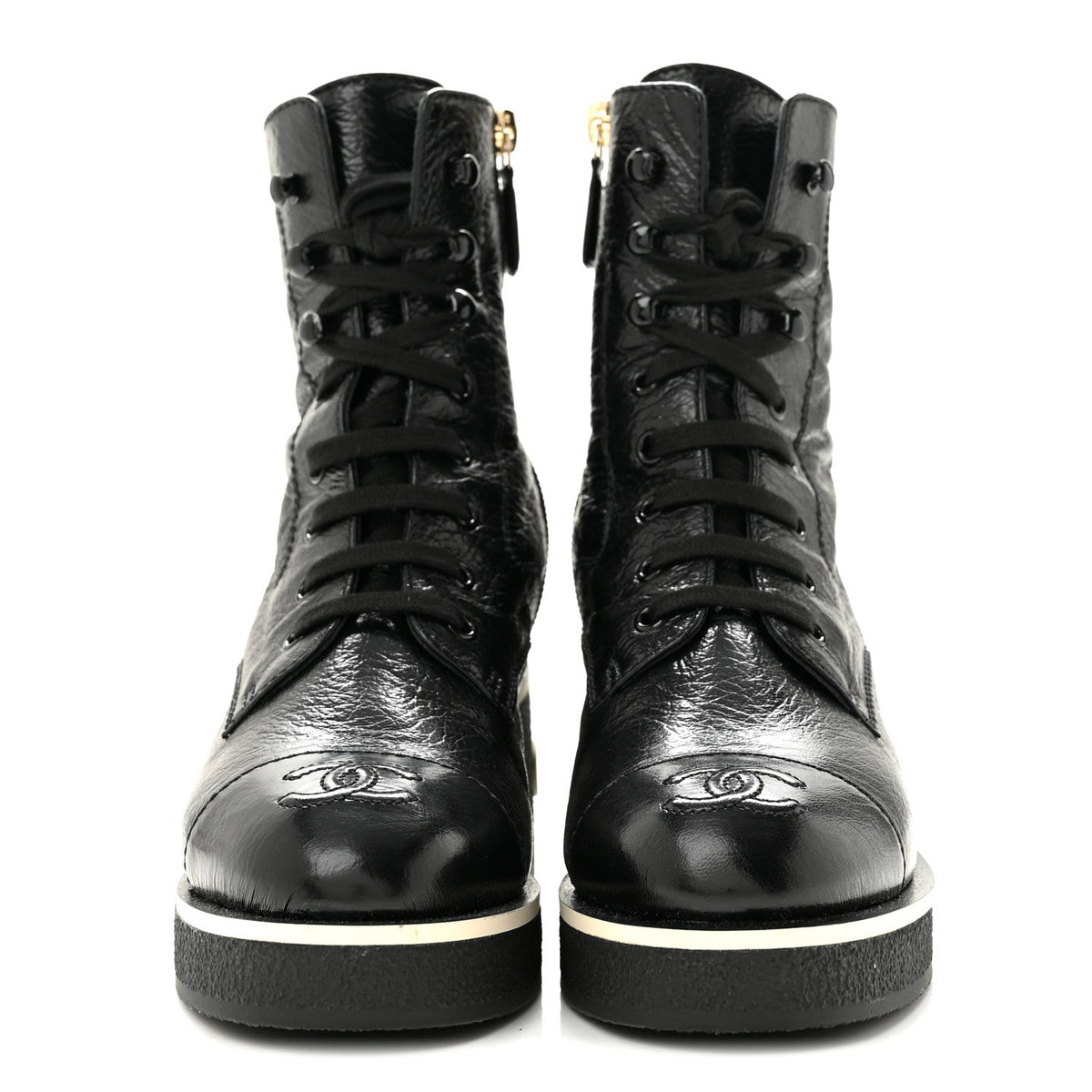 Chanel Shiny Crumpled Lambskin Lace Up Combat Women's Boots