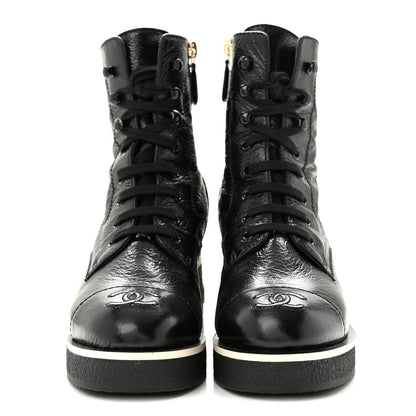 Chanel Shiny Crumpled Lambskin Lace Up Combat Women's Boots