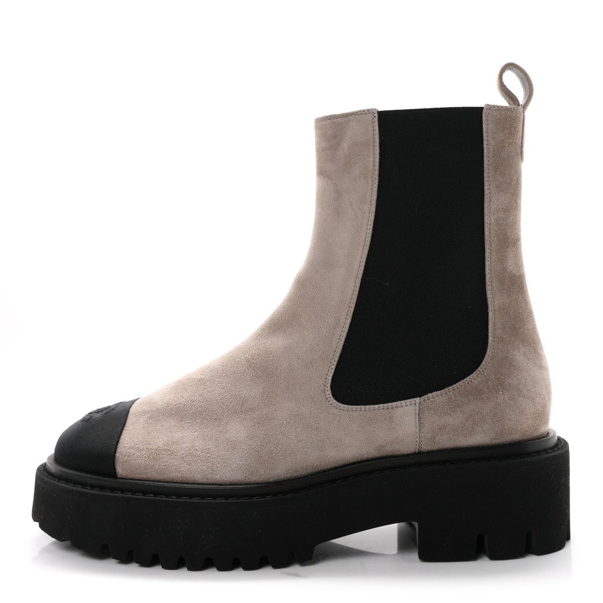 Suede Calfskin Grossgrain Cap Toe CC Ankle Boots Light Grey Black
