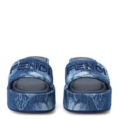 Fendi Denim Women's Sea Garden Logo Sunshine Flatform Slide Sandals 37 Blue