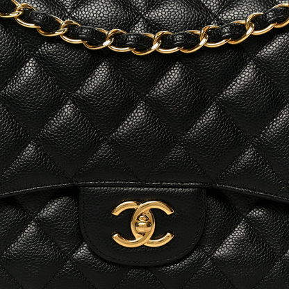 Quilted Caviar Flap Shoulder Bag - Black