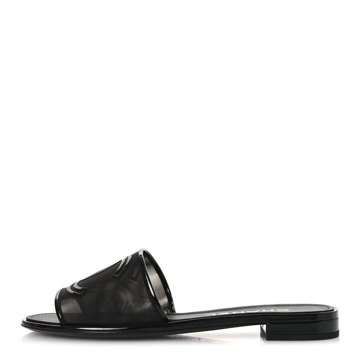 Mesh Patent Calfskin CC Mules Black