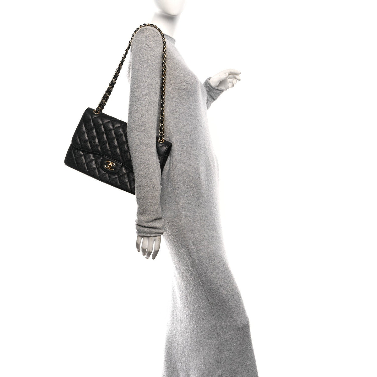 Quilted Caviar Flap Shoulder Bag - Black