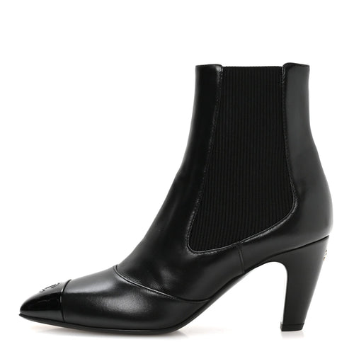 Lambskin Patent Calfskin CC Cap Toe Short Boots Black