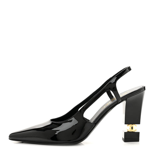 Patent Calfskin Slingback CC Cutout Pumps Black