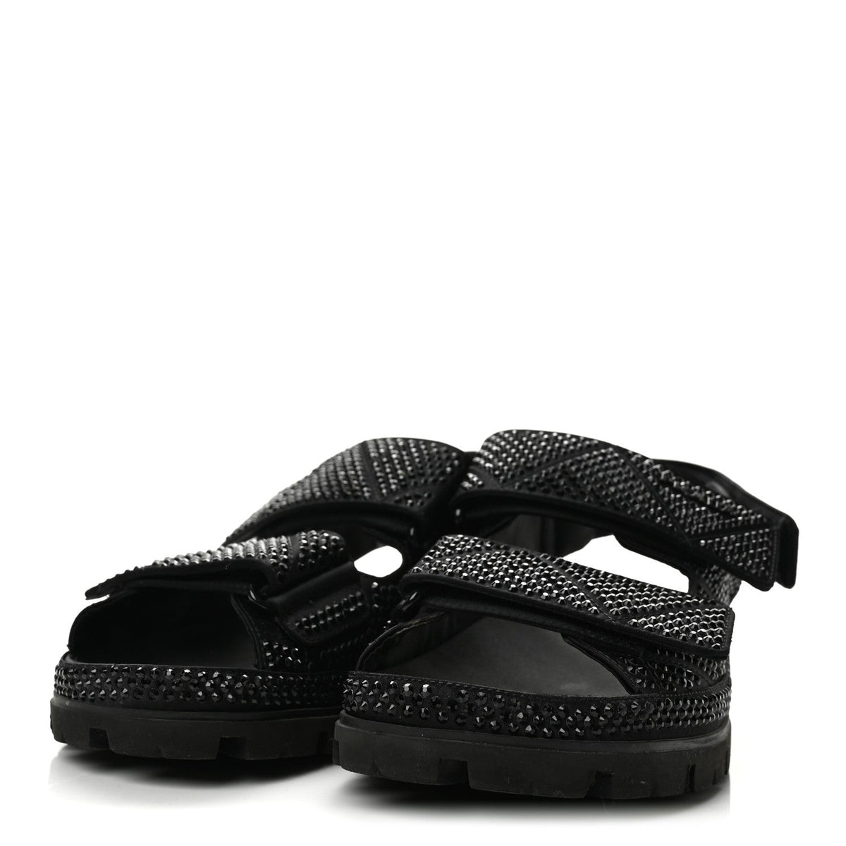 Prada Satin Crystal Women's Logo Velcro Sandals 37.5 Black
