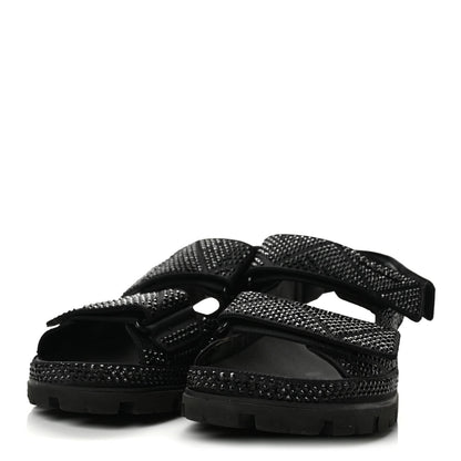 Prada Satin Crystal Women's Logo Velcro Sandals 37.5 Black