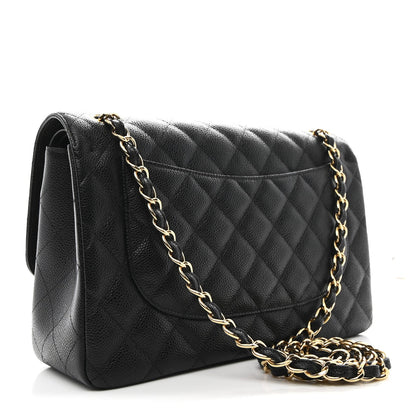 Quilted Caviar Flap Shoulder Bag - Black