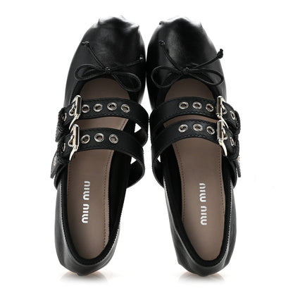 Miu Miu Nappa Vitello Nevada Women's Double Buckle Ballerina Flats 36 Black