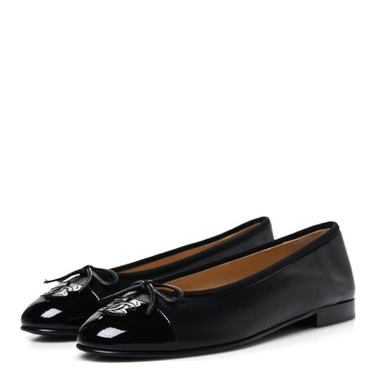 Chanel Lambskin Patent Cap Toe Women's Ballerina Flats Black