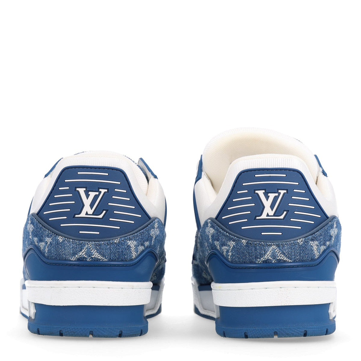 Louis Vuitton Calfskin Embossed Monogram Denim Women's LV Trainer Sneakers 40 Blue