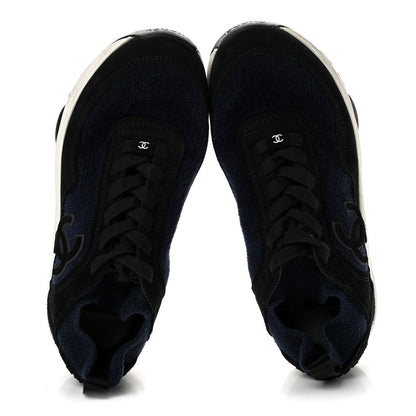 Chanel Knit Fabric Suede Calfskin CC Women's Sneakers Navy Black