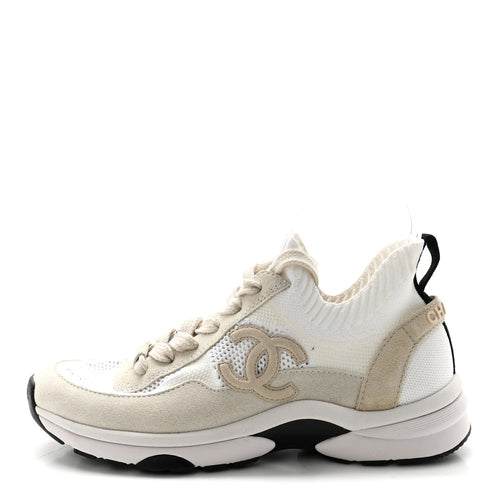 Mesh Suede Fabric CC Sneakers White Ivory Light Beige