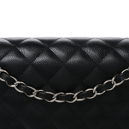 Quilted Caviar Flap Shoulder Bag - Black