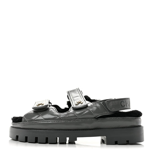 Laminated Lambskin Shearling Crystal CC Velcro Dad Platform Sandals Da