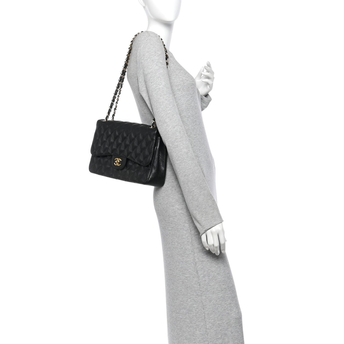 Quilted Caviar Flap Shoulder Bag - Black