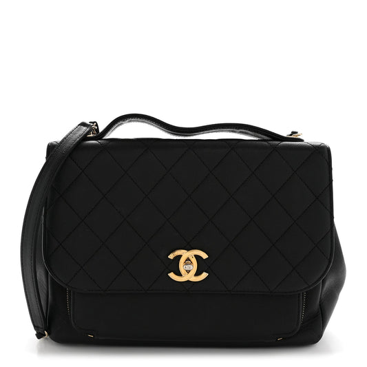 Large Quilted Caviar Flap Shoulder Bag - Black