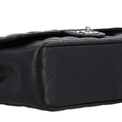 Quilted Caviar Flap Shoulder Bag - Black