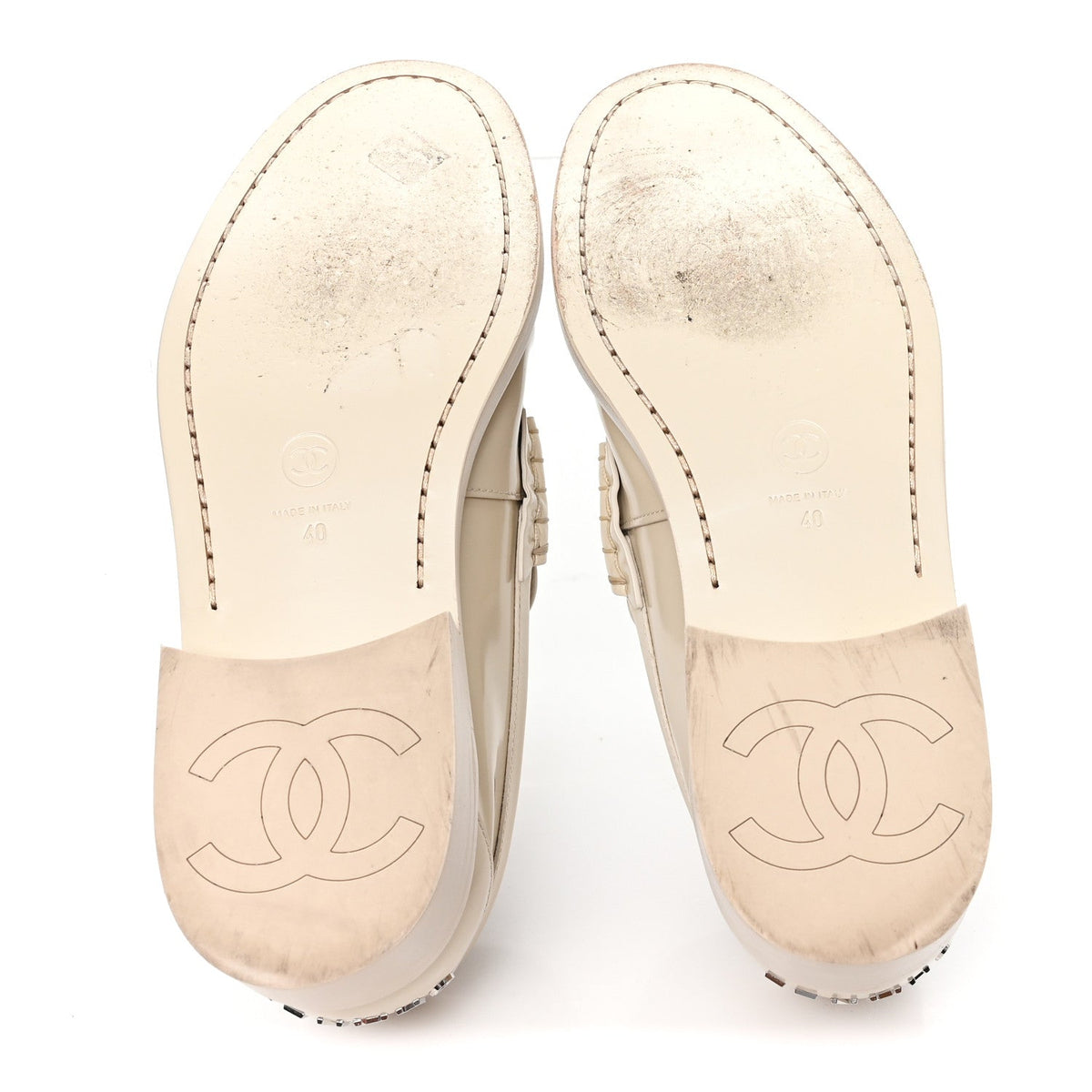 Chanel Shiny Calfskin Women's Logo Loafers 40 Light Beige