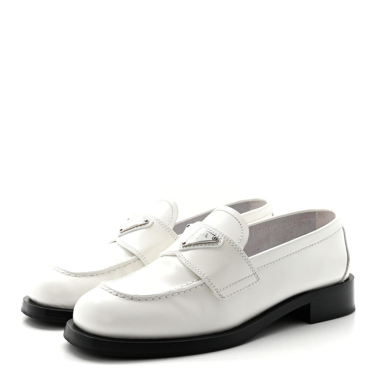 Prada Spazzolato Women's Triangle Logo 20mm Loafers 35 White