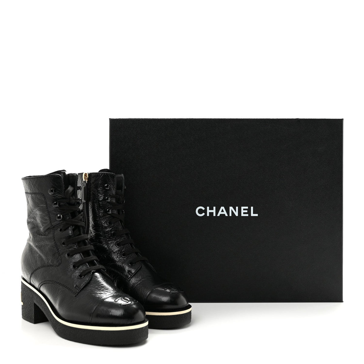 Chanel Shiny Crumpled Lambskin Lace Up Combat Women's Boots