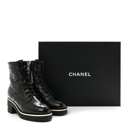 Chanel Shiny Crumpled Lambskin Lace Up Combat Women's Boots