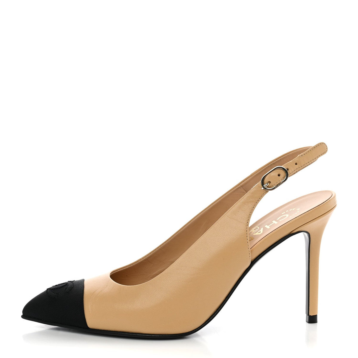 Goatskin Grosgrain Pointed Cap Toe CC Slingback Pumps Beige Black