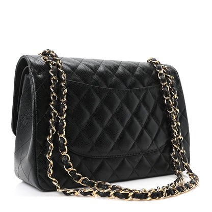 Quilted Caviar Flap Shoulder Bag - Black