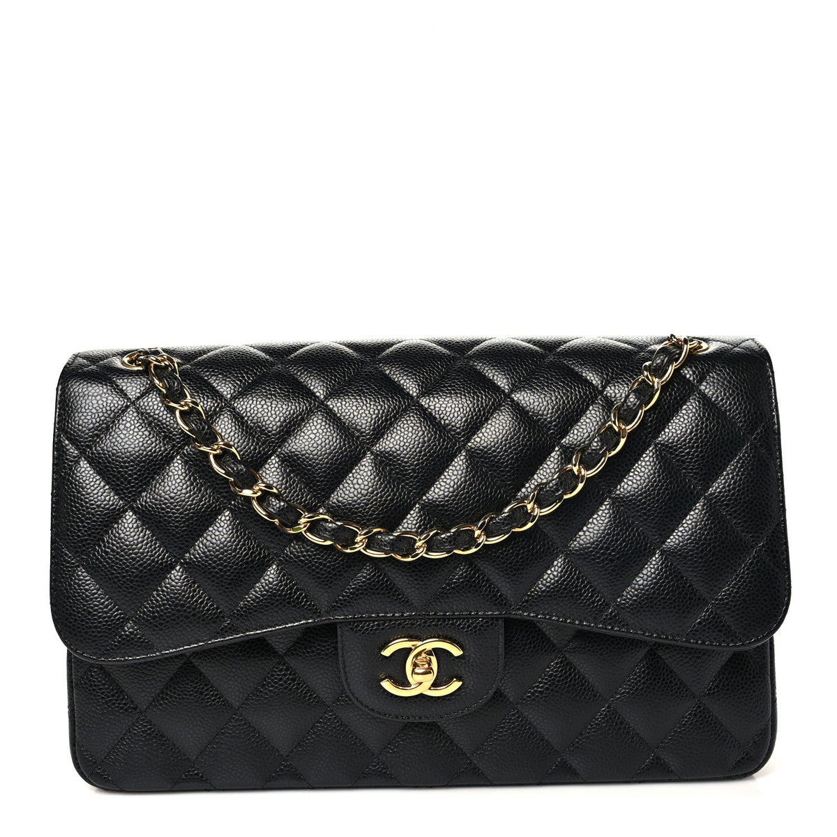Quilted Caviar Flap Shoulder Bag - Black