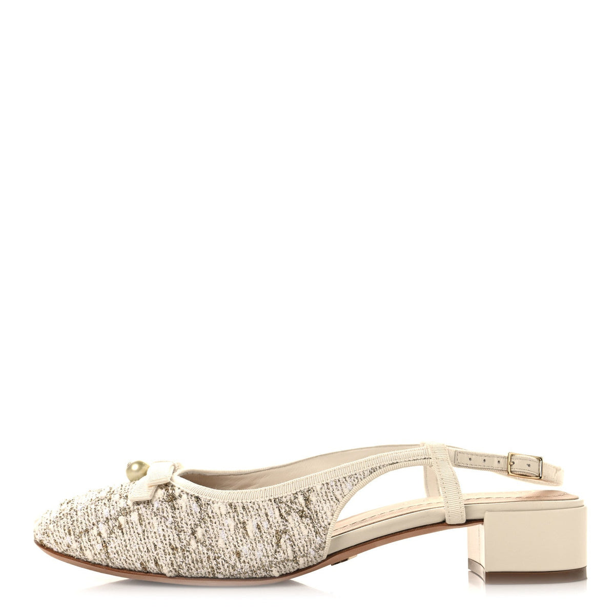 Tweed Cannage Slingback Ballet Pumps White Gold