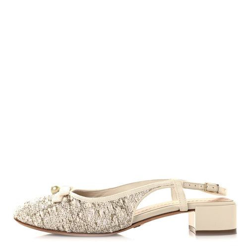 Tweed Cannage Slingback Ballet Pumps White Gold
