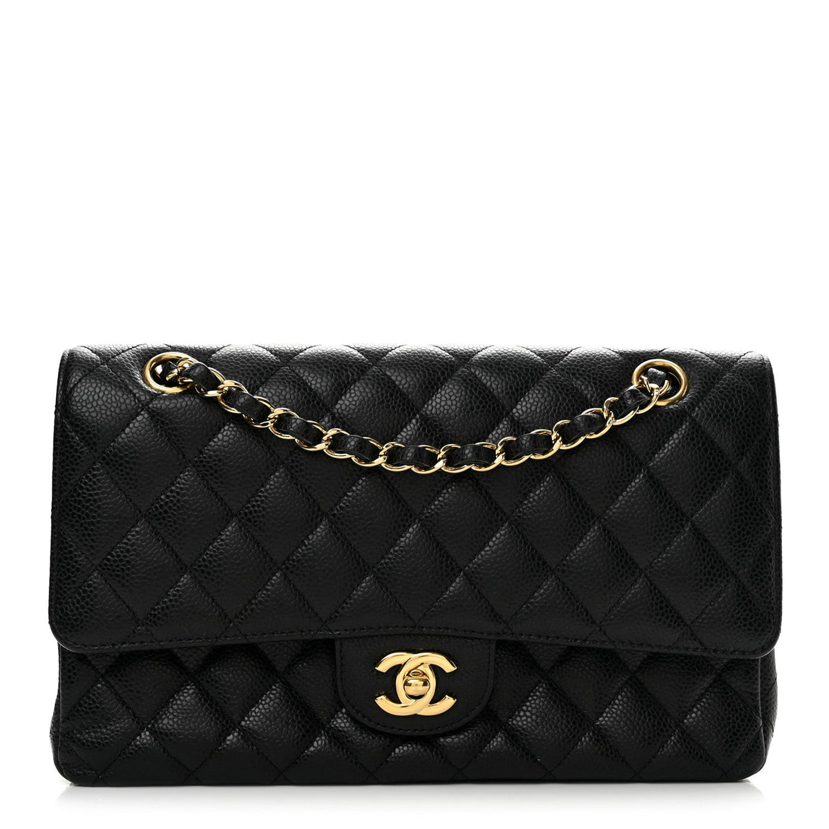 Medium Quilted Caviar Flap Shoulder Bag - Black