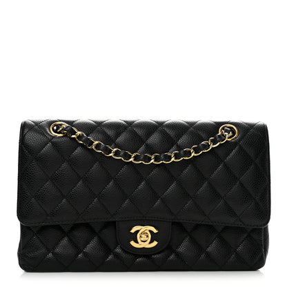 Medium Quilted Caviar Flap Shoulder Bag - Black