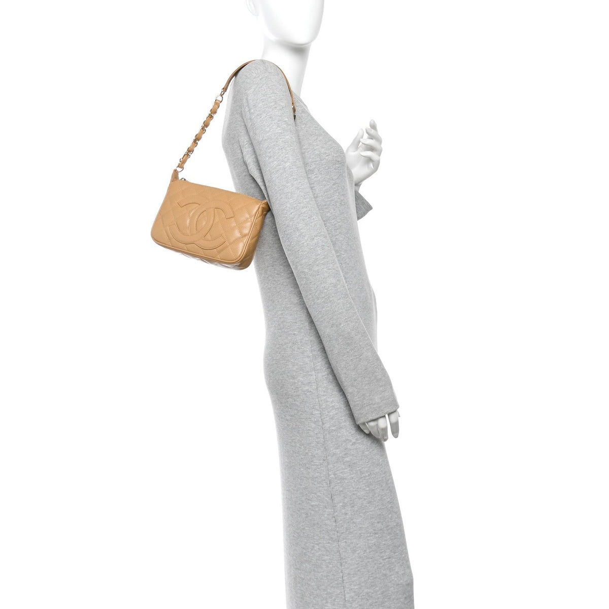 Quilted Caviar Shoulder Bag - Beige
