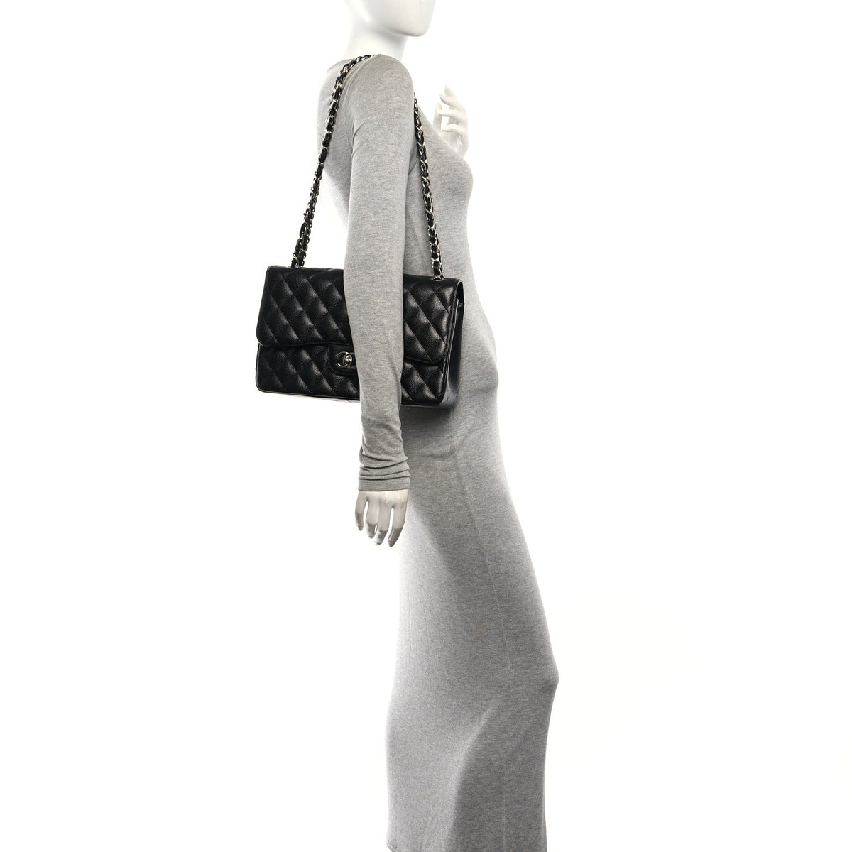 Quilted Caviar Flap Shoulder Bag - Black
