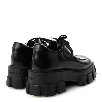 Prada Spazzolato Calfskin Women's Monolith Derby Loafers 36.5 Black