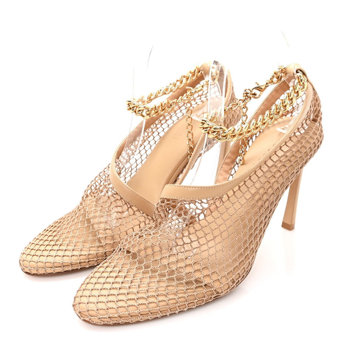 Bottega Veneta Mesh Calfskin Women's Chain Stretch Pumps 38 Beige