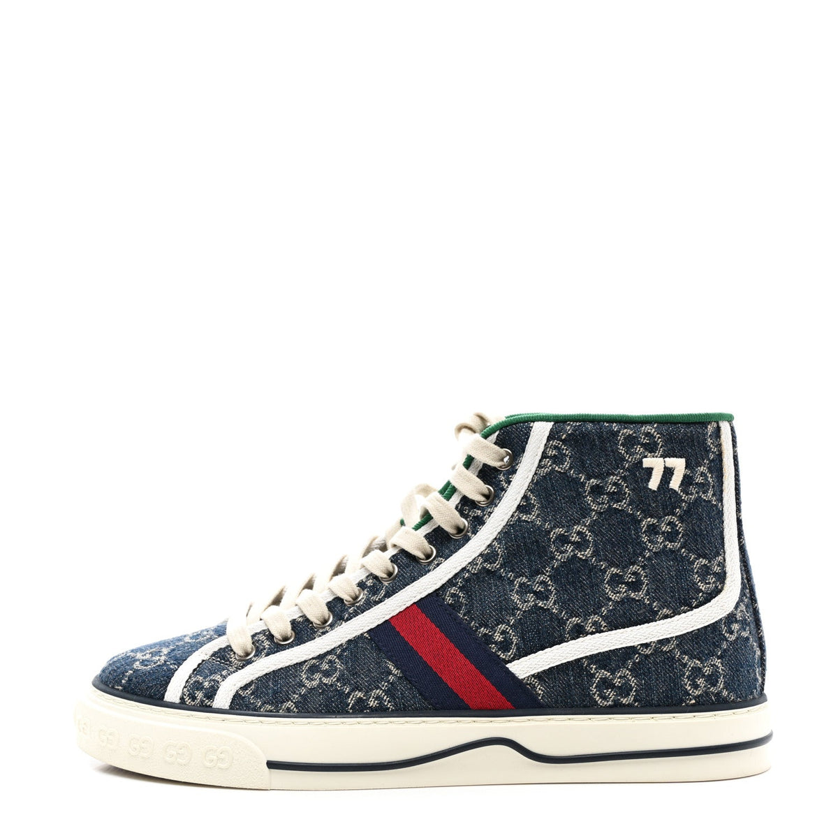 New Denim GG Monogram Web 1977 Tennis High Top Sneakers 7.5 Blue Tea M